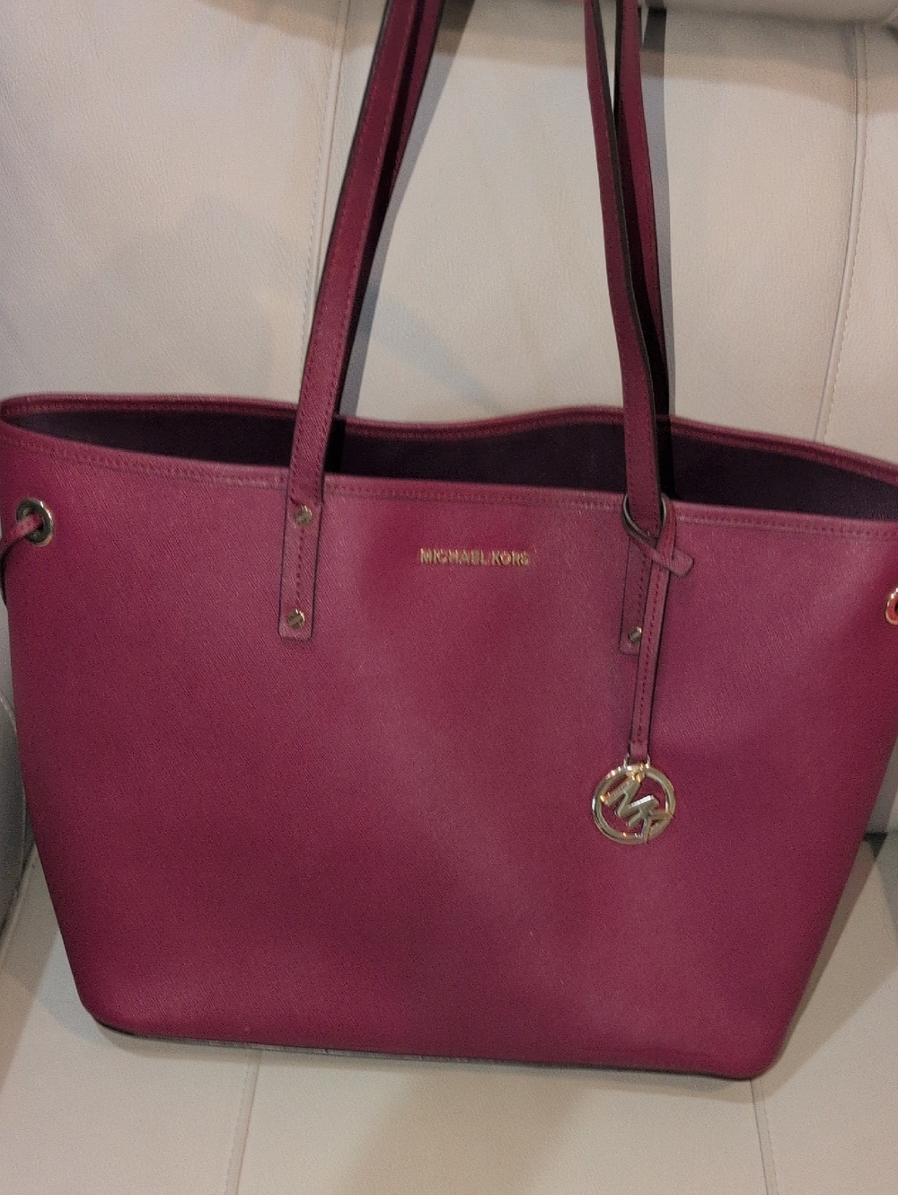 Michael Kors Jet Set Safiano Leather Tote In Plum Or Mulberry Color